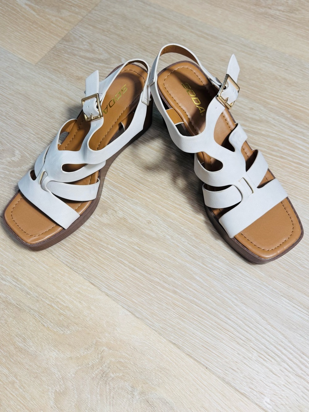 Soda White Strappy Sandals with Gold Buckle